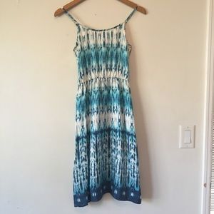 Turquoise and white patterned silk dress